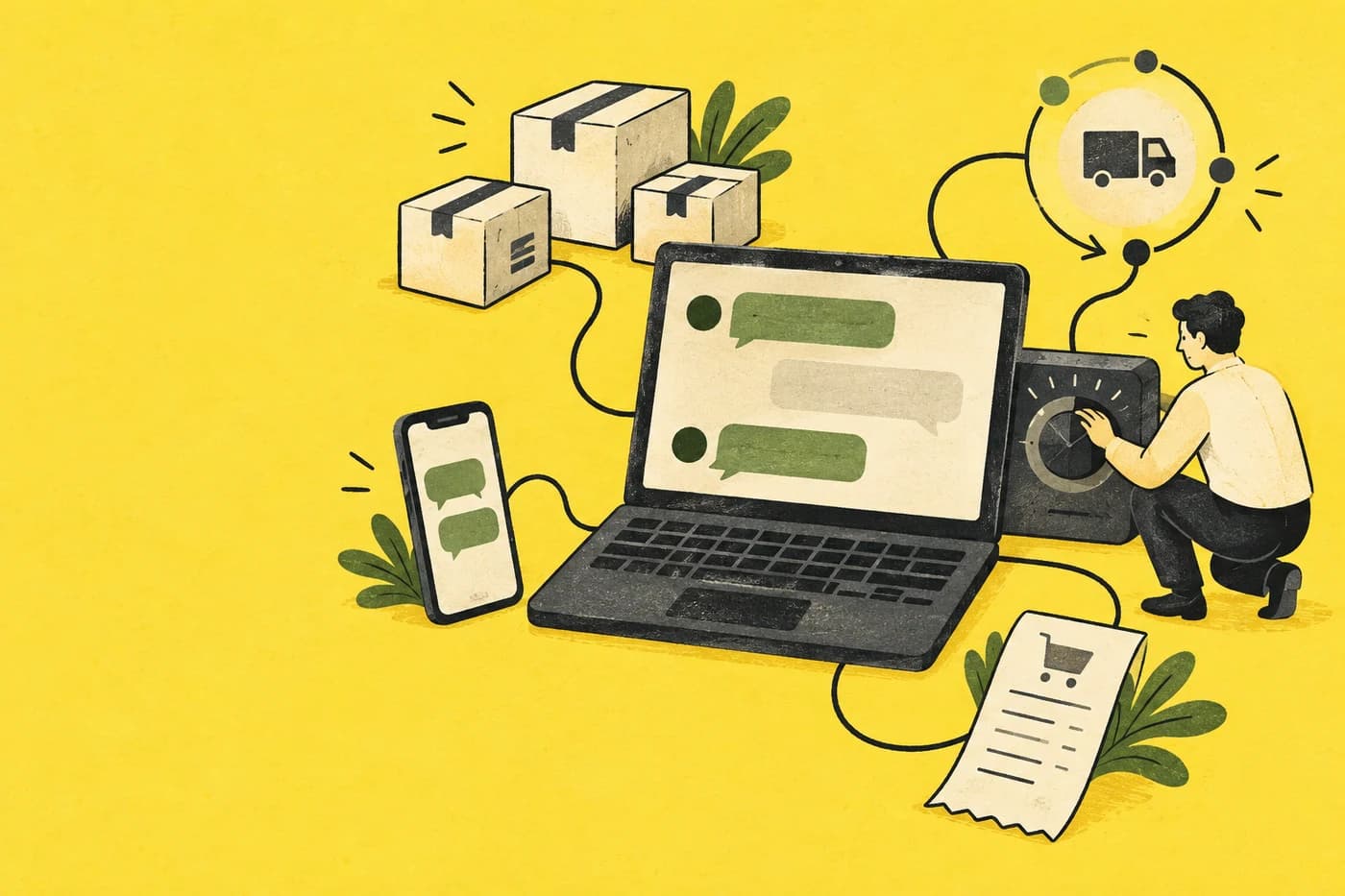 Illustration of a store connected to conversations, orders and a Riverz engineer